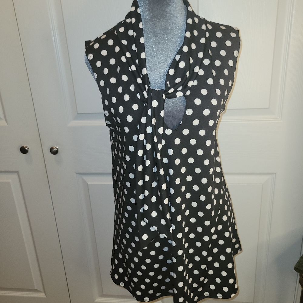 NWOT Polka-dot Blouse With High Collar & Front Tie